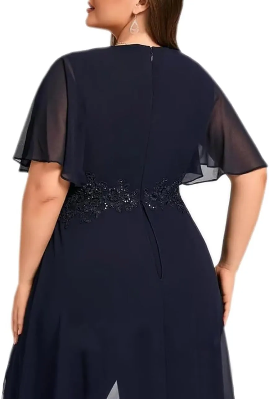 2 Pieces Mother of The Bride Pant Suits for Wedding Chiffon Dressy Pantsuits for Women Evening Party with Sleeves