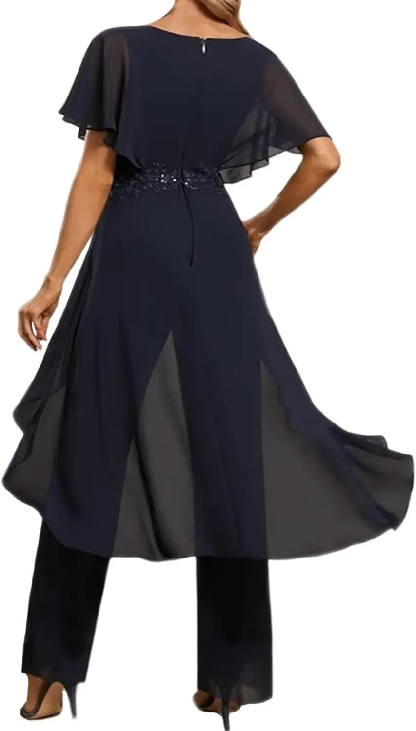 2 Pieces Mother of The Bride Pant Suits for Wedding Chiffon Dressy Pantsuits for Women Evening Party with Sleeves