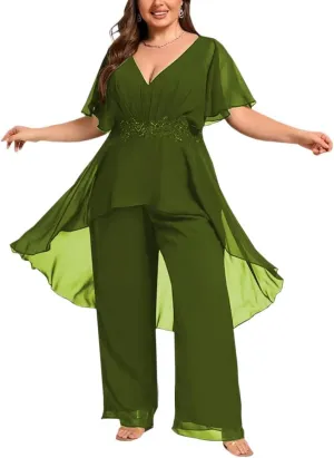 2 Pieces Mother of The Bride Pant Suits for Wedding Chiffon Dressy Pantsuits for Women Evening Party with Sleeves