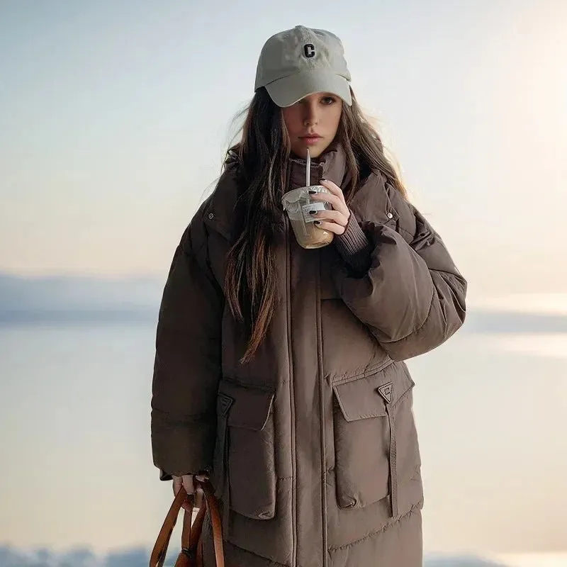 2024 Autumn Winter Women Long Parkas Jackets Down Cotton Padded Thickened Overknee Loose Casual Warm Hooded Puffer Coats Female