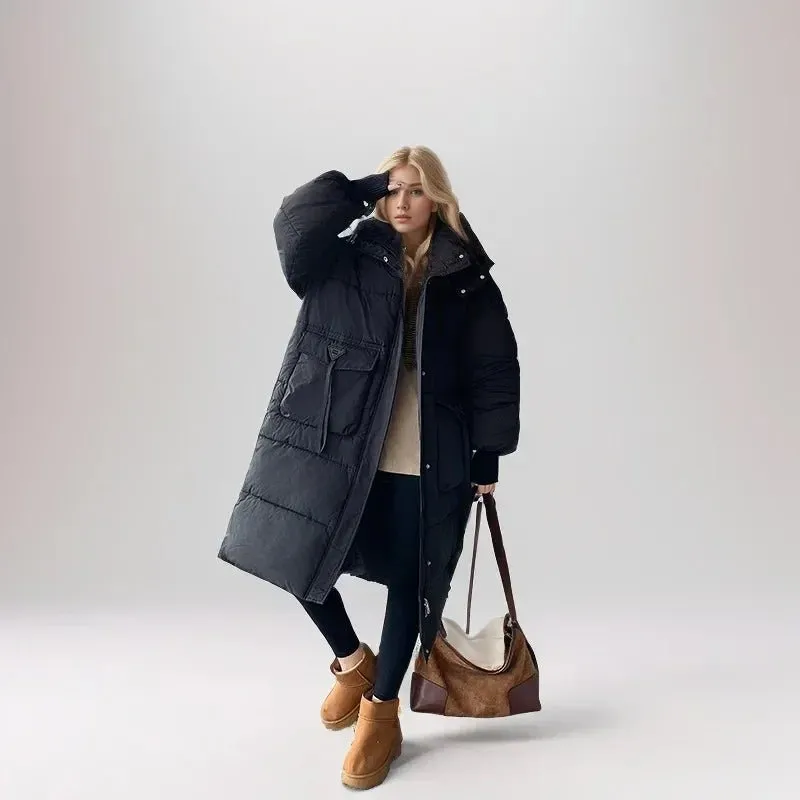 2024 Autumn Winter Women Long Parkas Jackets Down Cotton Padded Thickened Overknee Loose Casual Warm Hooded Puffer Coats Female