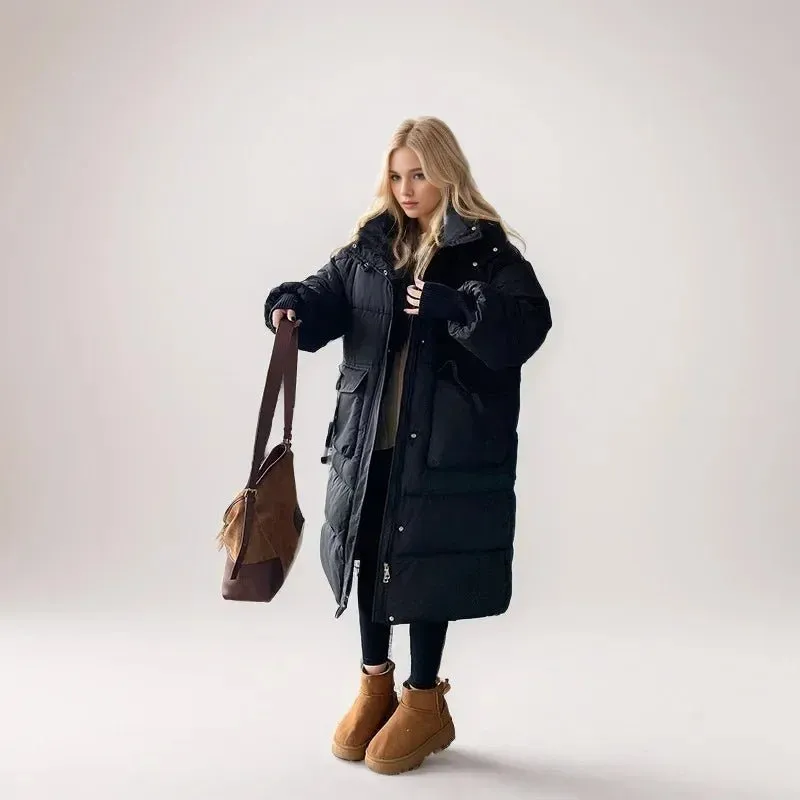 2024 Autumn Winter Women Long Parkas Jackets Down Cotton Padded Thickened Overknee Loose Casual Warm Hooded Puffer Coats Female