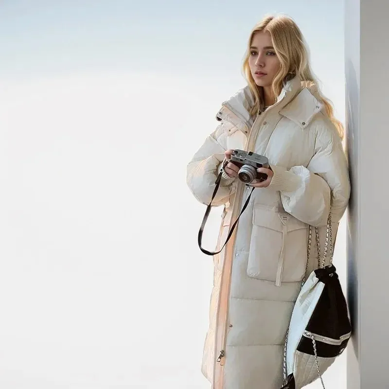 2024 Autumn Winter Women Long Parkas Jackets Down Cotton Padded Thickened Overknee Loose Casual Warm Hooded Puffer Coats Female