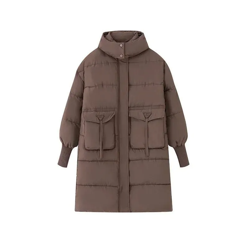 2024 Autumn Winter Women Long Parkas Jackets Down Cotton Padded Thickened Overknee Loose Casual Warm Hooded Puffer Coats Female