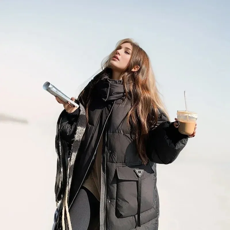 2024 Autumn Winter Women Long Parkas Jackets Down Cotton Padded Thickened Overknee Loose Casual Warm Hooded Puffer Coats Female