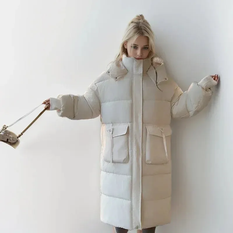 2024 Autumn Winter Women Long Parkas Jackets Down Cotton Padded Thickened Overknee Loose Casual Warm Hooded Puffer Coats Female