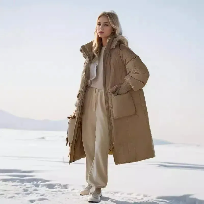 2024 Autumn Winter Women Long Parkas Jackets Down Cotton Padded Thickened Overknee Loose Casual Warm Hooded Puffer Coats Female