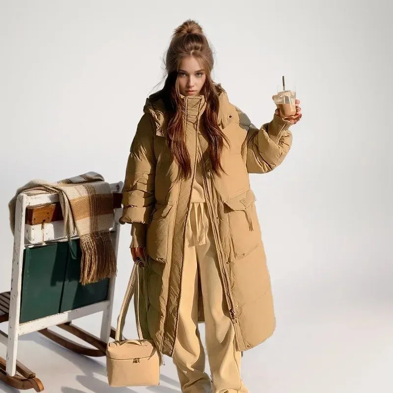 2024 Autumn Winter Women Long Parkas Jackets Down Cotton Padded Thickened Overknee Loose Casual Warm Hooded Puffer Coats Female