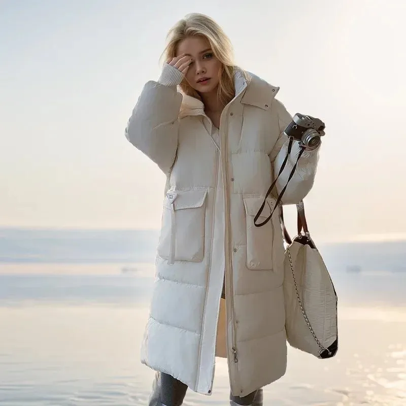 2024 Autumn Winter Women Long Parkas Jackets Down Cotton Padded Thickened Overknee Loose Casual Warm Hooded Puffer Coats Female
