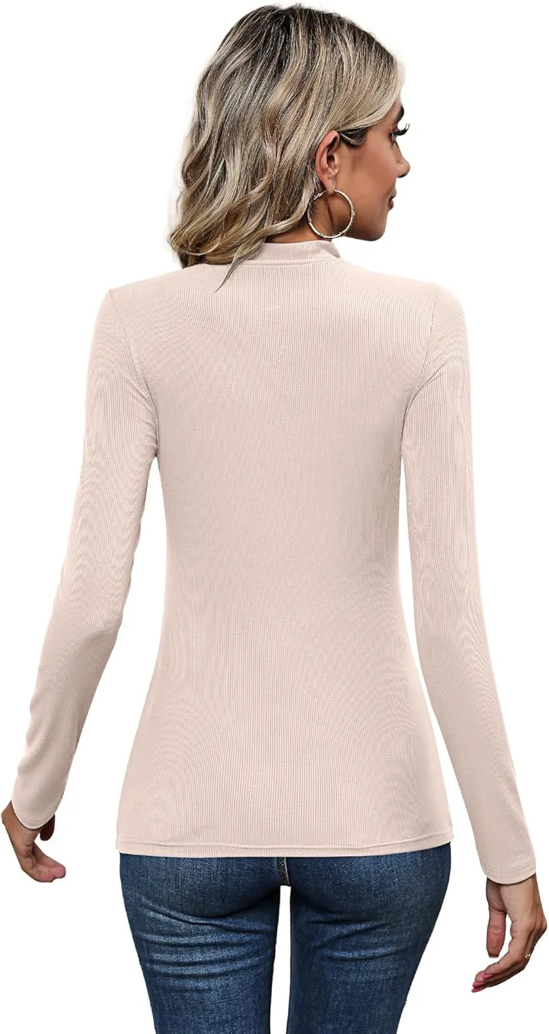 3 Pack Women's Mock Neck Tops, Fitted Ribbed Turtleneck Shirts 2025 Trendy Long Sleeve Knit Thermal Undershirts Tee