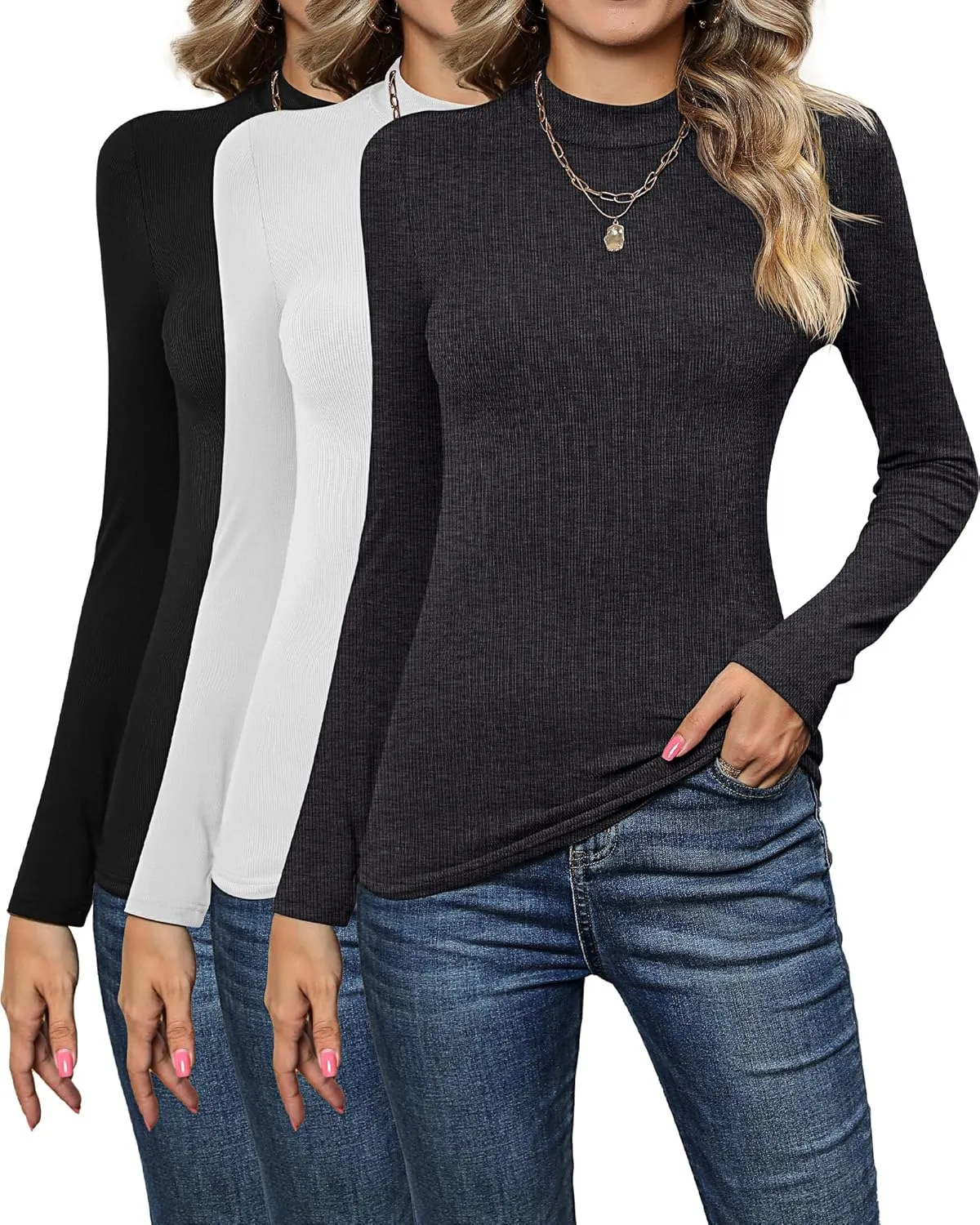 3 Pack Women's Mock Neck Tops, Fitted Ribbed Turtleneck Shirts 2025 Trendy Long Sleeve Knit Thermal Undershirts Tee