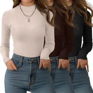 3 Pack Women's Mock Neck Tops, Fitted Ribbed Turtleneck Shirts 2025 Trendy Long Sleeve Knit Thermal Undershirts Tee