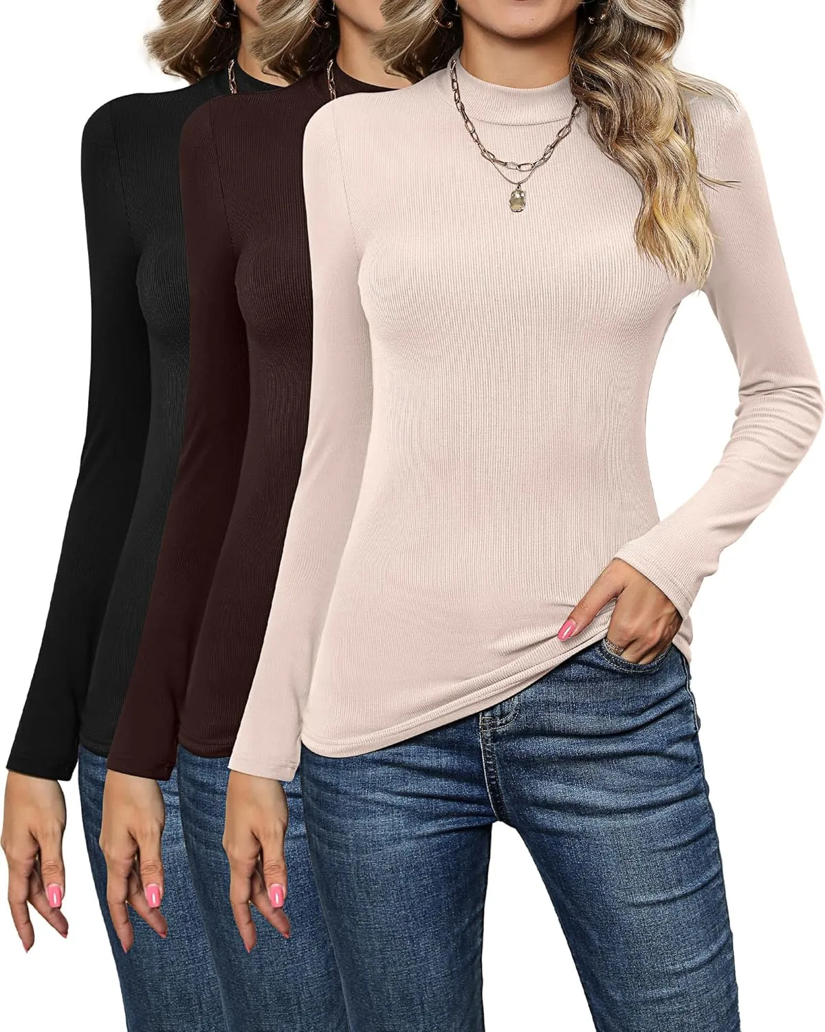 3 Pack Women's Mock Neck Tops, Fitted Ribbed Turtleneck Shirts 2025 Trendy Long Sleeve Knit Thermal Undershirts Tee