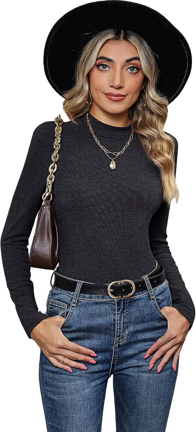 3 Pack Women's Mock Neck Tops, Fitted Ribbed Turtleneck Shirts 2025 Trendy Long Sleeve Knit Thermal Undershirts Tee