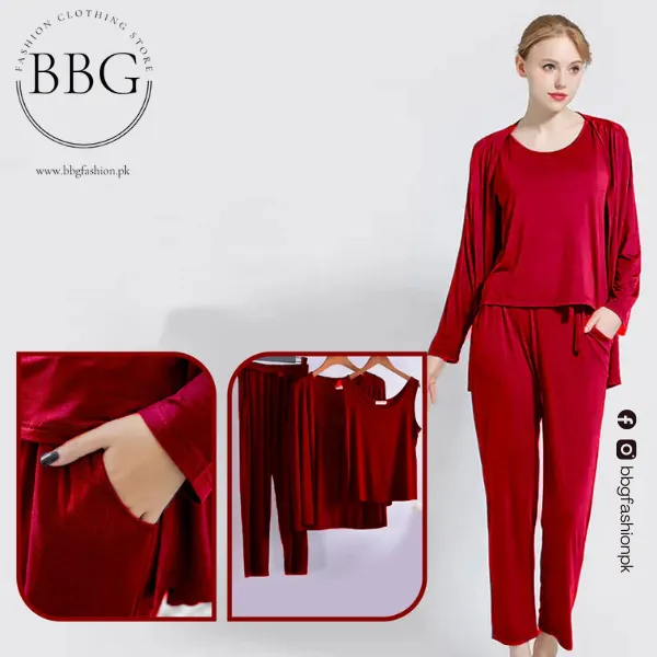 3 Pieces Long Sleeve Women Night Suit PJ Set
