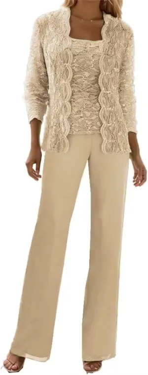 3 Pieces Mother of The Bride Pant Suits Formal Outfit Lace Chiffon Grandmother Wedding Guest Dresses