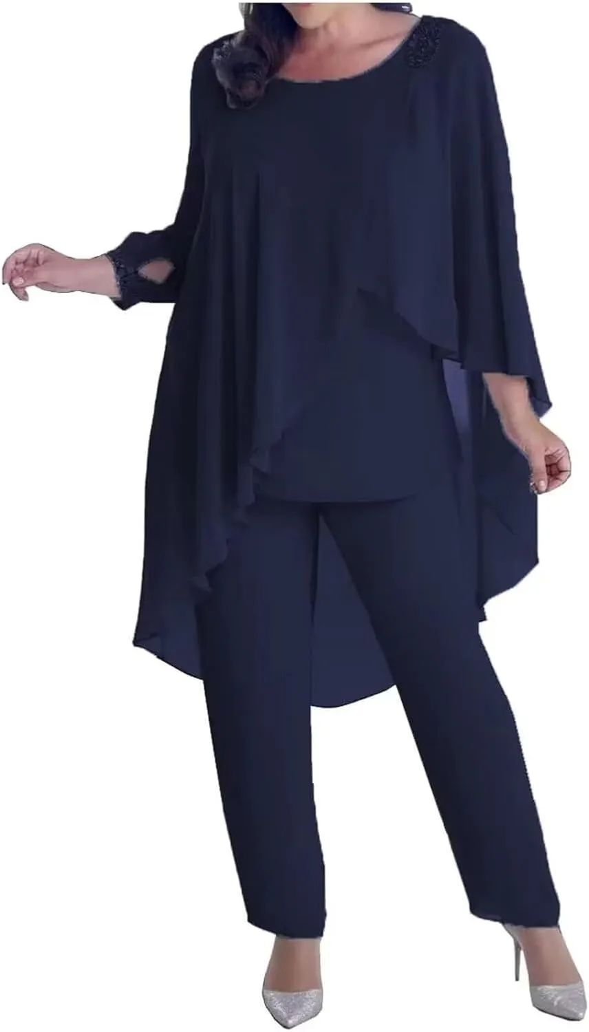 3 Pieces Pant Suits Mother of The Bride Dresses for Wedding Chiffon Beaded Formal Gowns with Sleeves
