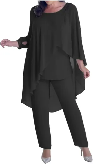 3 Pieces Pant Suits Mother of The Bride Dresses for Wedding Chiffon Beaded Formal Gowns with Sleeves