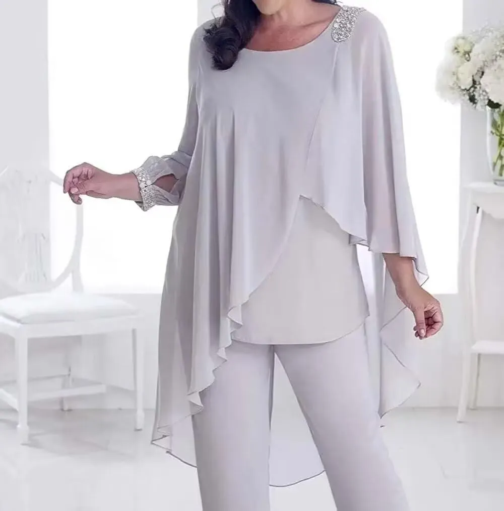 3 Pieces Pant Suits Mother of The Bride Dresses for Wedding Chiffon Beaded Formal Gowns with Sleeves