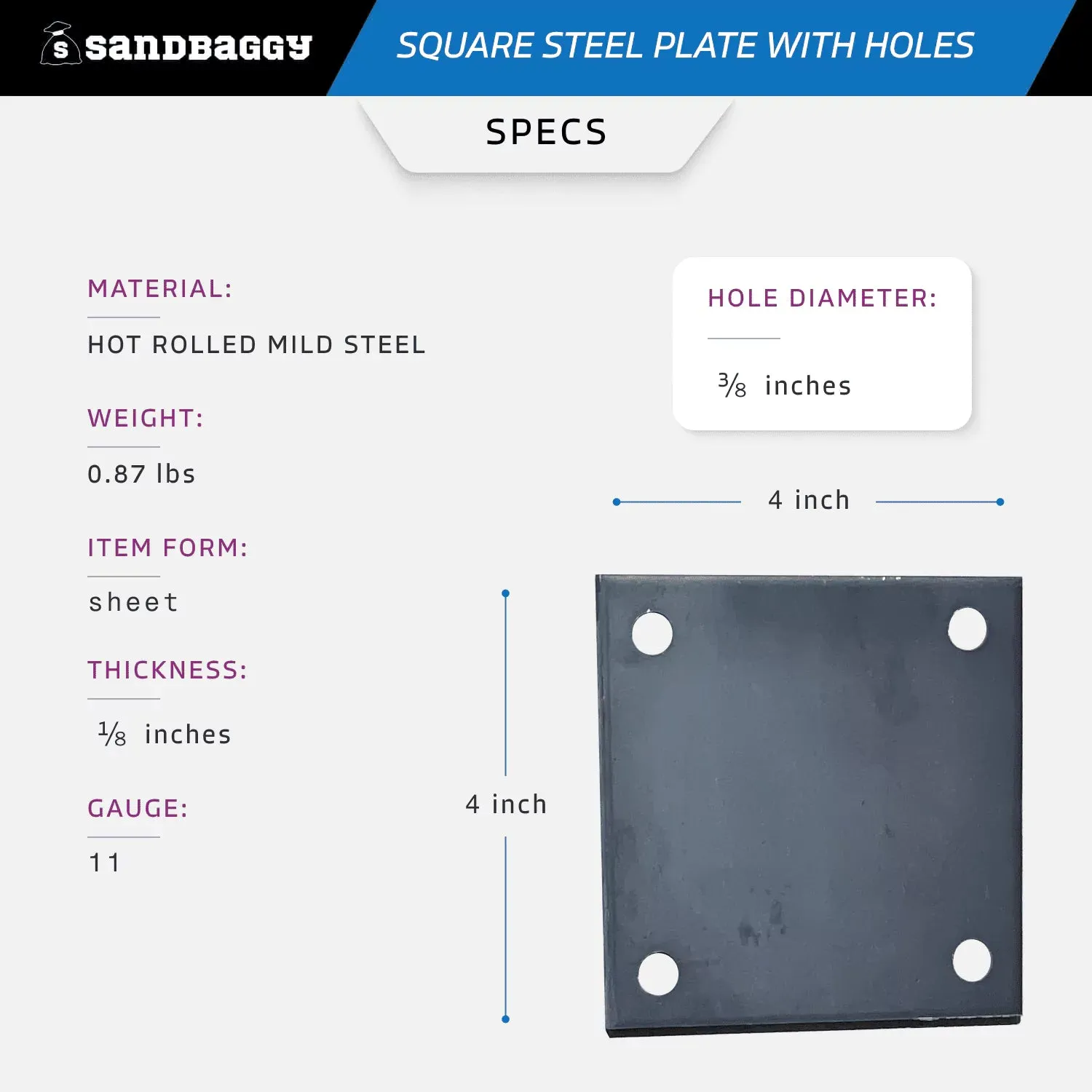 4" X 4" Hot Rolled Steel Base Plate with Holes