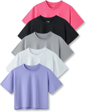 5 Pack: Women's Workout Crop Tops, Athletic Short Sleeve Gym Shirts Crew Neck Tees