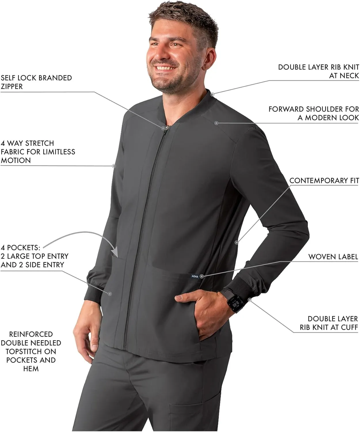Adar Addition Scrubs for Men - Zippered Bomber Scrub Jacket