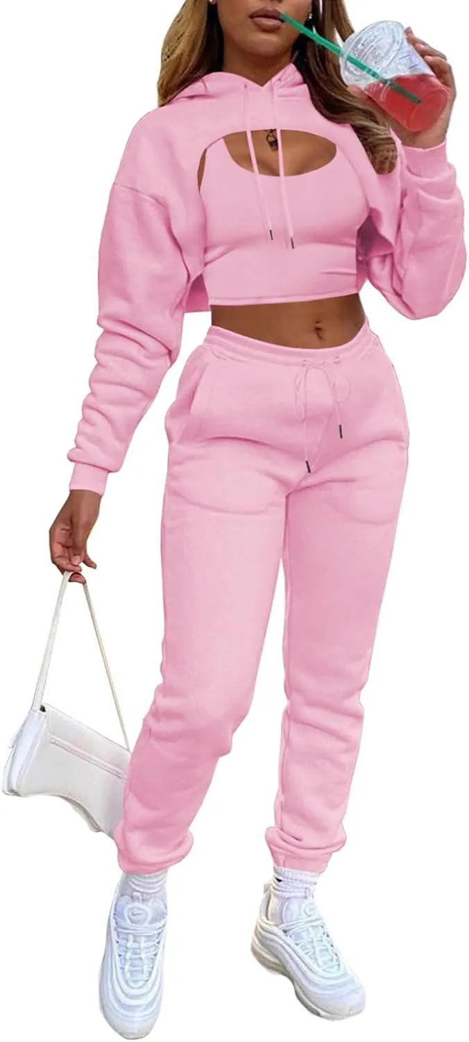 Adogirl Women 3 Piece Outfits Tracksuits Set Sexy Long Sleeve Pullover Hoodie Tank Crop Tops Jogger Sweatpants Sweatsuits