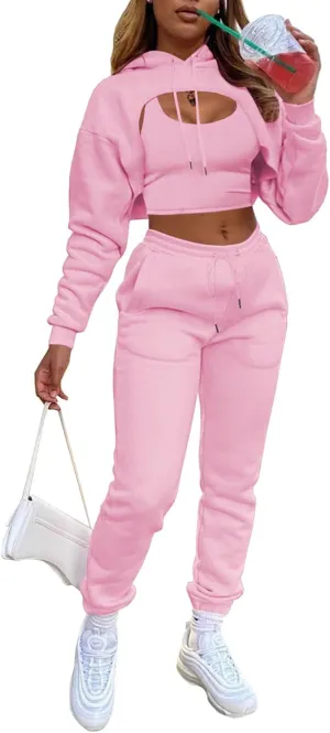 Adogirl Women 3 Piece Outfits Tracksuits Set Sexy Long Sleeve Pullover Hoodie Tank Crop Tops Jogger Sweatpants Sweatsuits