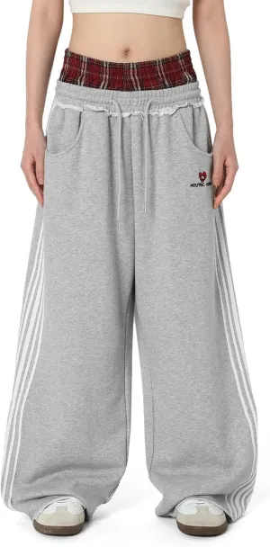 Aelfric Eden Baggy Wide Leg Sweatpants for Women Plaid Patchwork Sweat Pants Loose Long Pants with Pockets