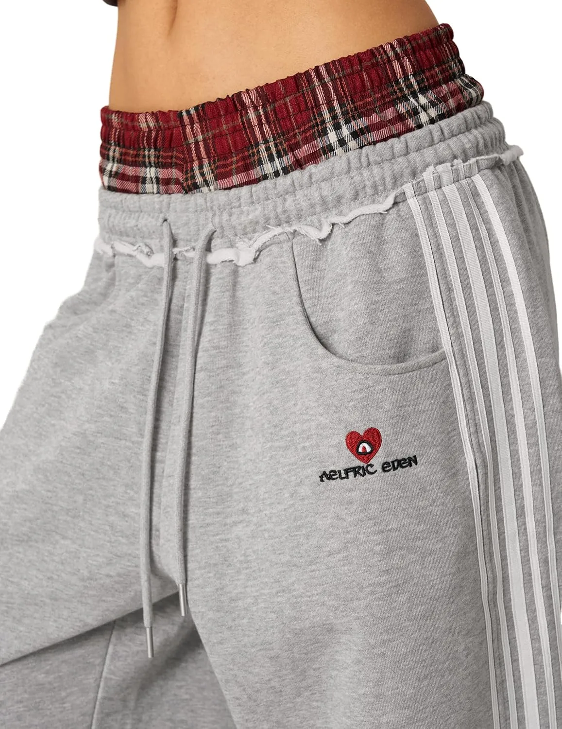 Aelfric Eden Baggy Wide Leg Sweatpants for Women Plaid Patchwork Sweat Pants Loose Long Pants with Pockets