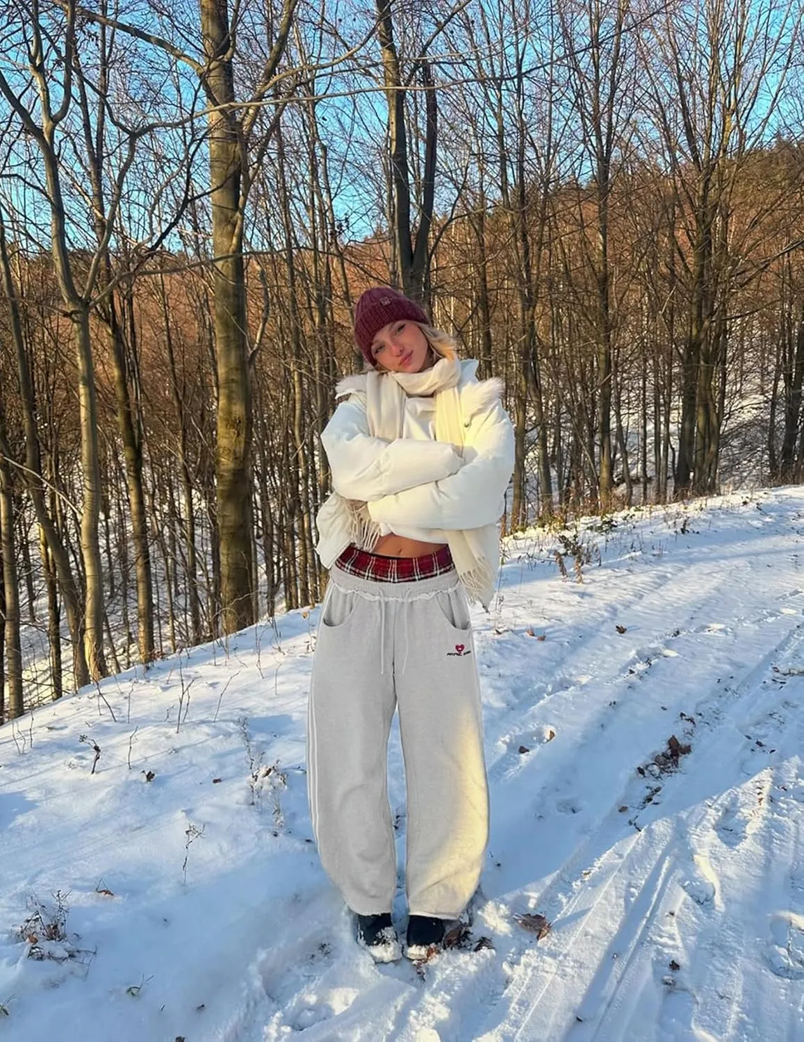 Aelfric Eden Baggy Wide Leg Sweatpants for Women Plaid Patchwork Sweat Pants Loose Long Pants with Pockets