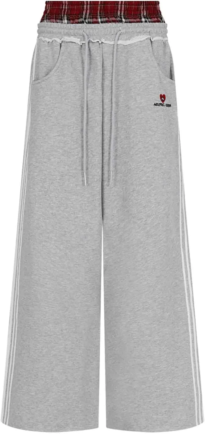 Aelfric Eden Baggy Wide Leg Sweatpants for Women Plaid Patchwork Sweat Pants Loose Long Pants with Pockets