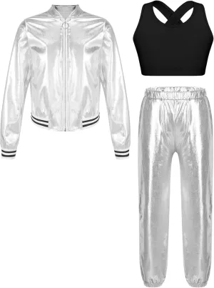 Aislor Kids Girls Hip Hop Dance Outfits Shiny Metallic Long Sleeve Bomber Jacket Vest Crop Top with Harem Pants Set