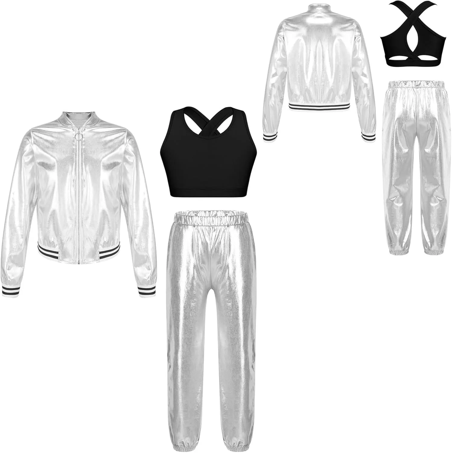Aislor Kids Girls Hip Hop Dance Outfits Shiny Metallic Long Sleeve Bomber Jacket Vest Crop Top with Harem Pants Set
