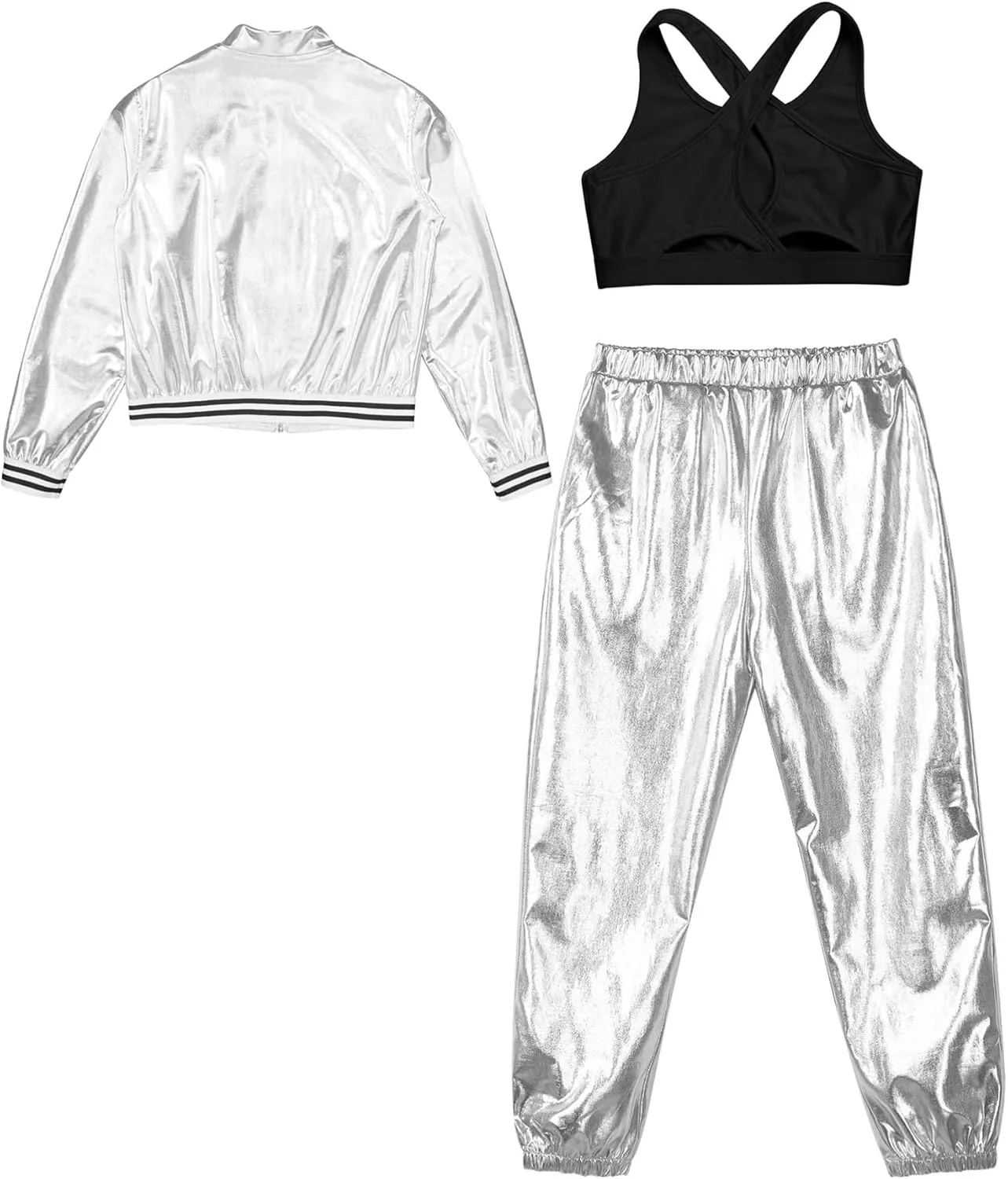 Aislor Kids Girls Hip Hop Dance Outfits Shiny Metallic Long Sleeve Bomber Jacket Vest Crop Top with Harem Pants Set