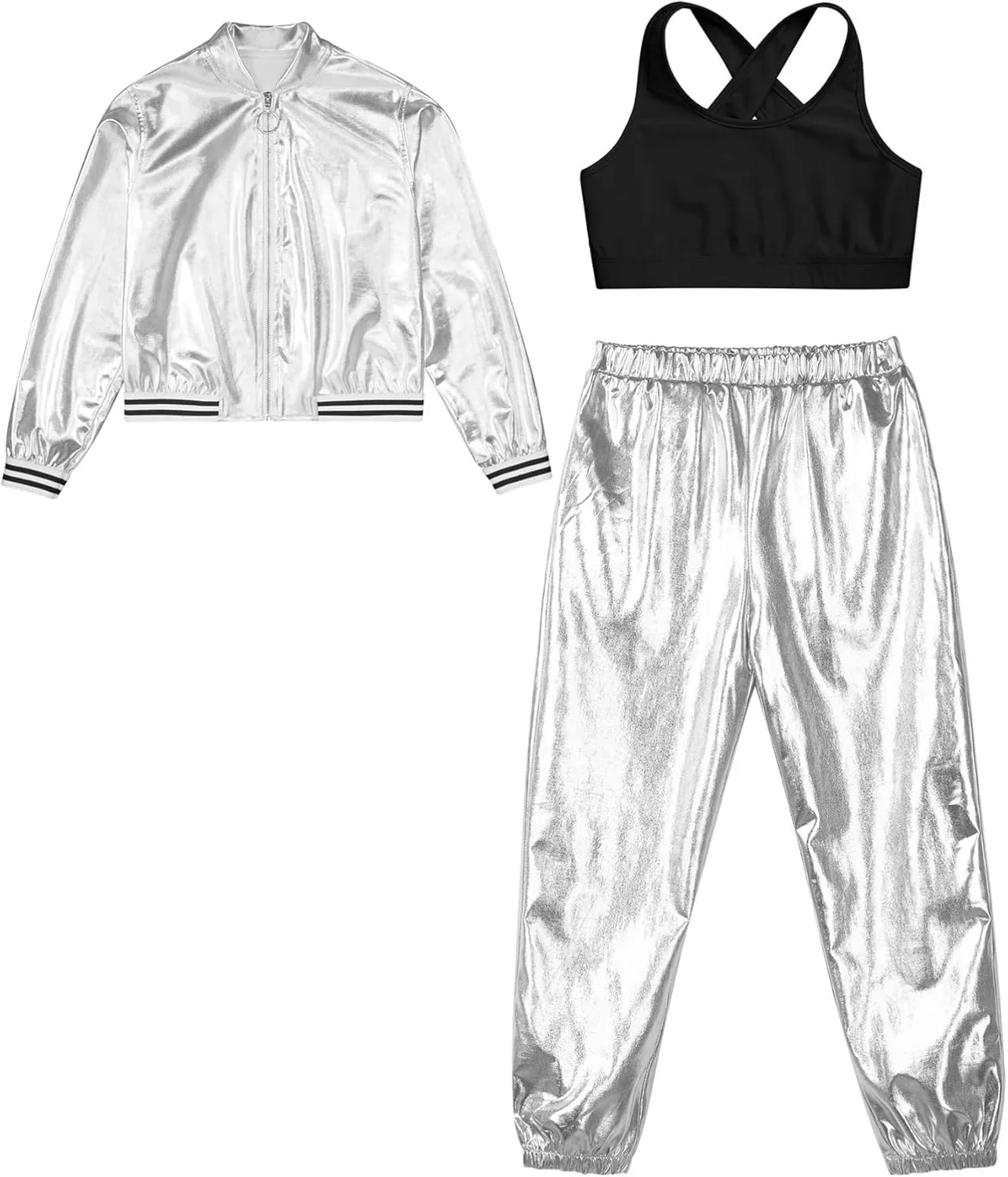 Aislor Kids Girls Hip Hop Dance Outfits Shiny Metallic Long Sleeve Bomber Jacket Vest Crop Top with Harem Pants Set