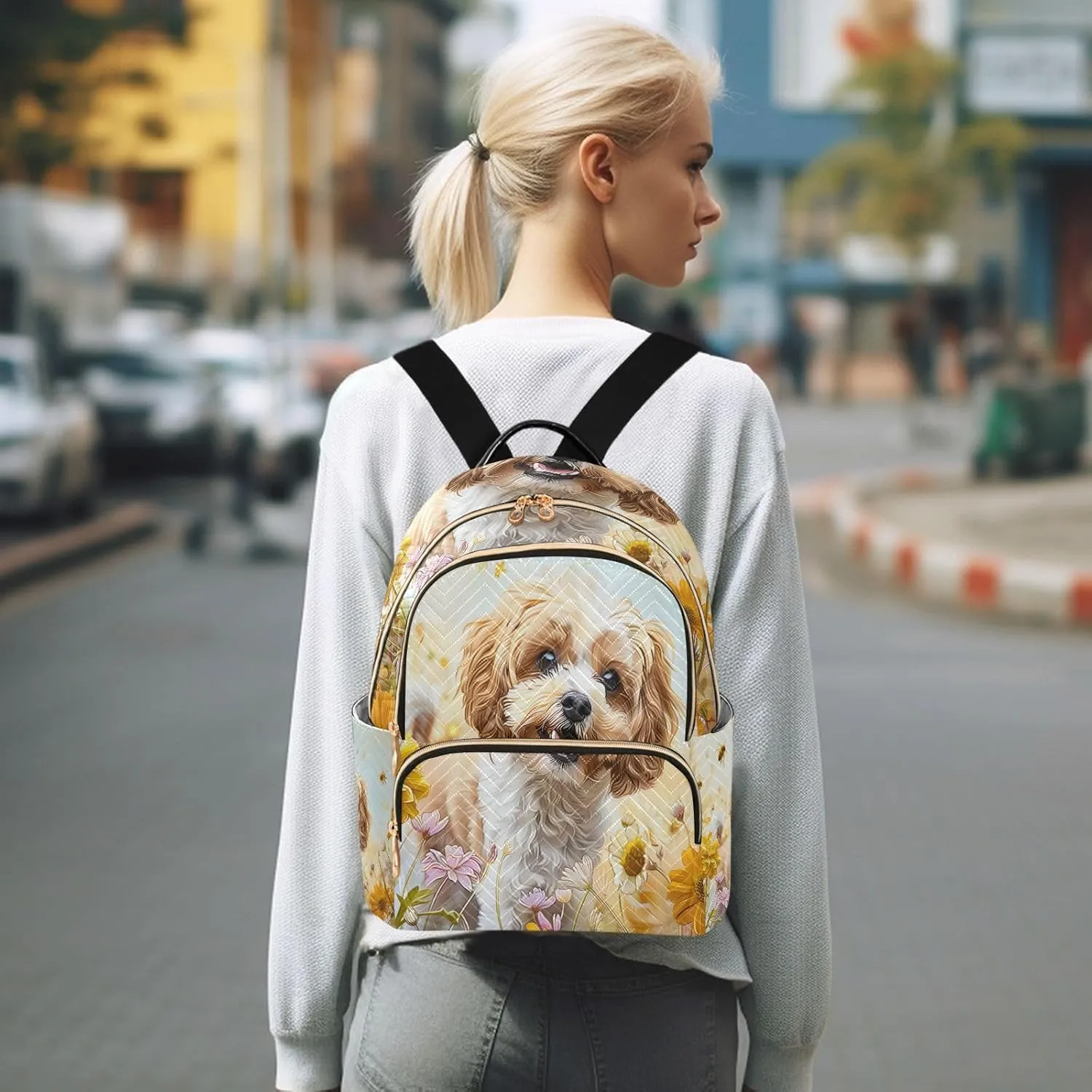 ALAZA A Cockapoo Dog Flowers Mini Backpack Purse for Women Travel Bag Lightweight Shoulder Bag Fashion Daypack