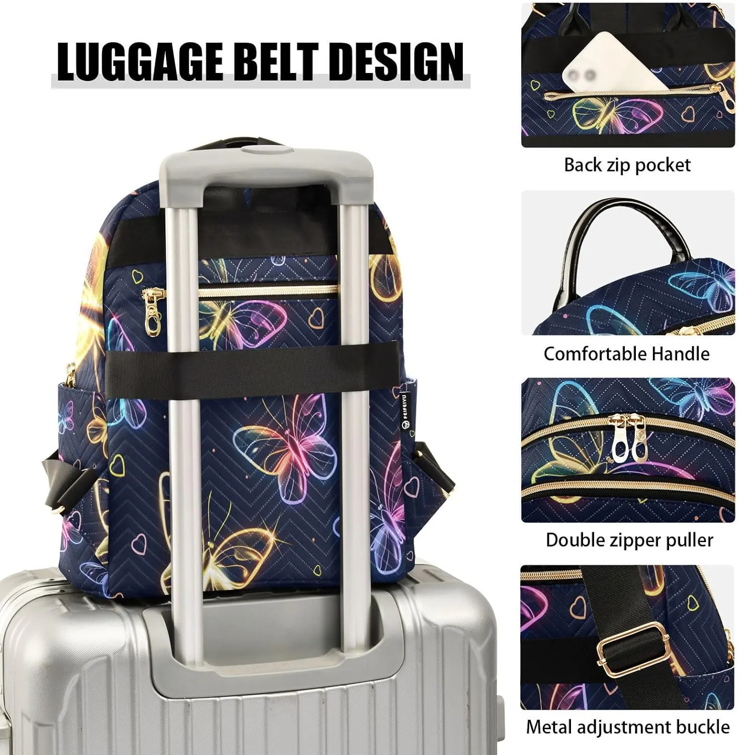 ALAZA Cute Neon Flying Butterflies Small Backpack Purse for Women Travel Bag Lightweight Shoulder Bag Fashion Daypack