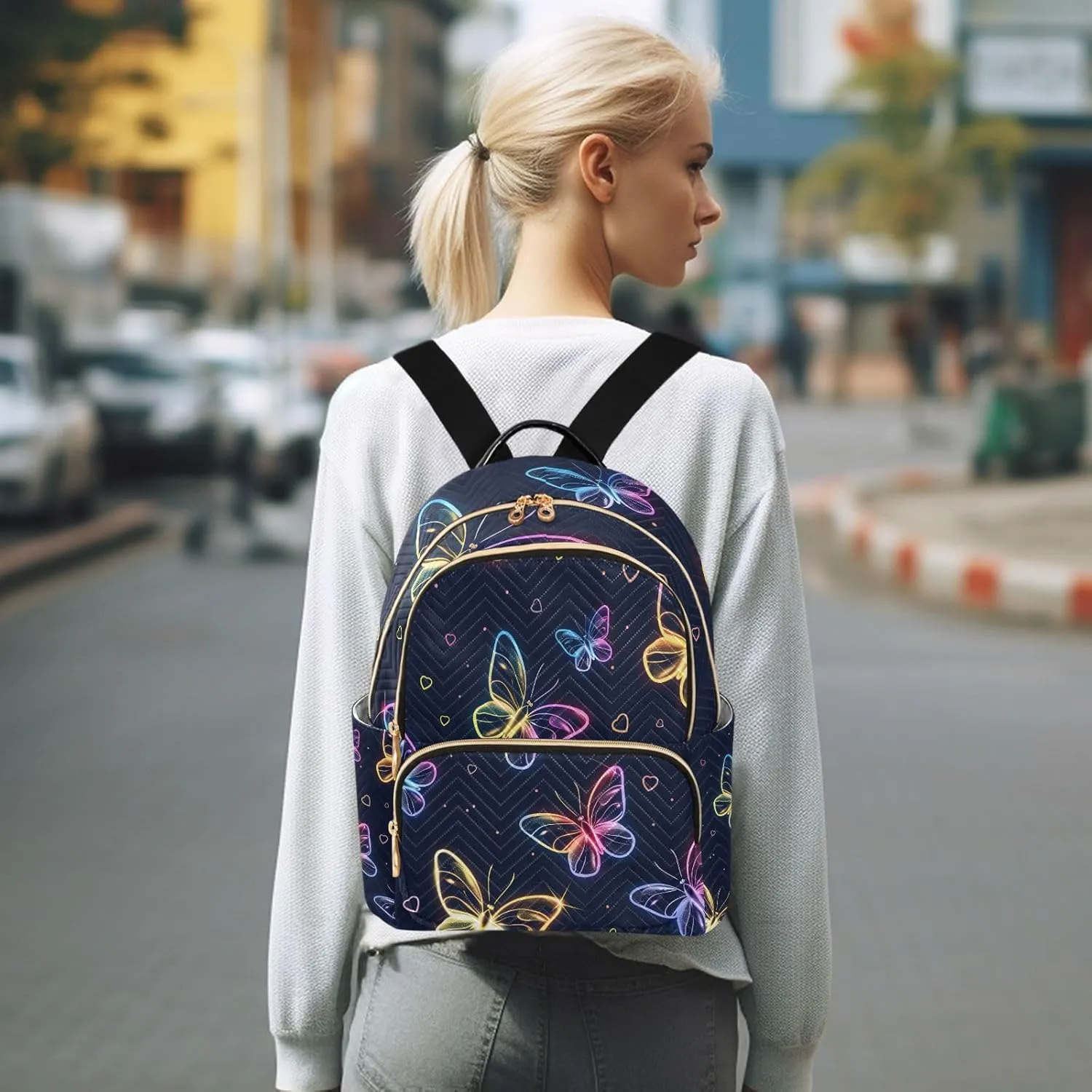 ALAZA Cute Neon Flying Butterflies Small Backpack Purse for Women Travel Bag Lightweight Shoulder Bag Fashion Daypack