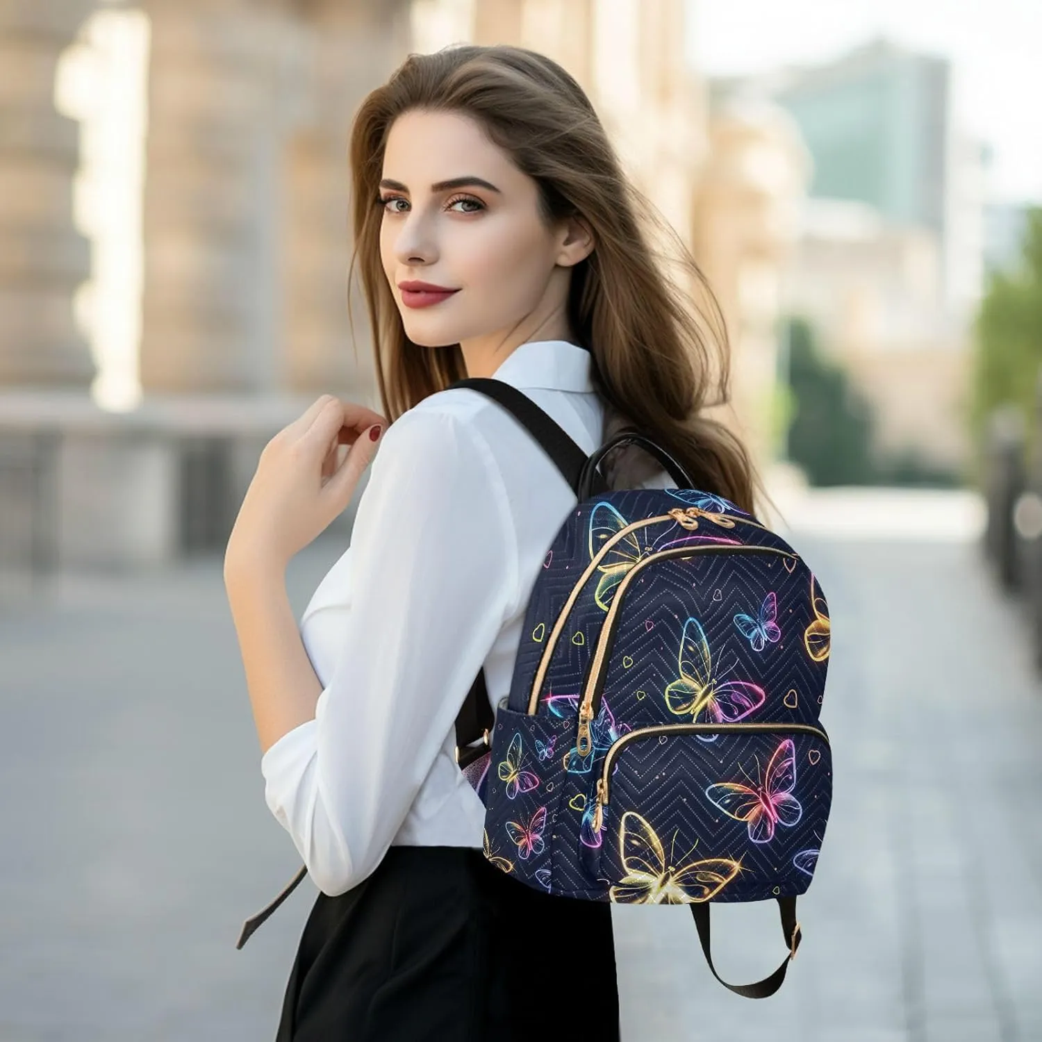 ALAZA Cute Neon Flying Butterflies Small Backpack Purse for Women Travel Bag Lightweight Shoulder Bag Fashion Daypack
