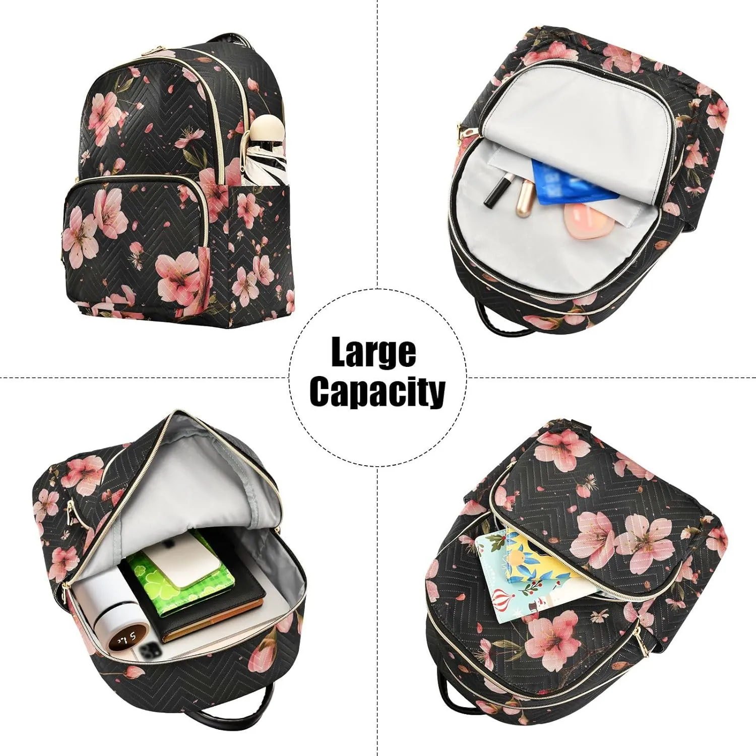 ALAZA Pink Cherry Blossoms on Black Small Backpack Purse for Women Travel Bag Lightweight Shoulder Bag Fashion Daypack