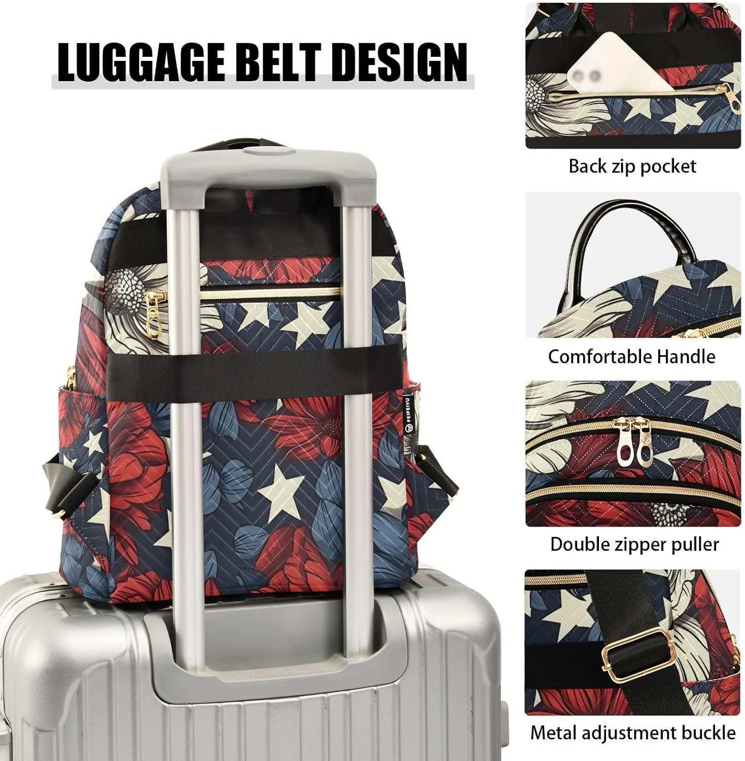 ALAZA Red White Blue Flowers Patriotic Small Backpack Purse for Women Travel Bag Lightweight Shoulder Bag Fashion Daypack