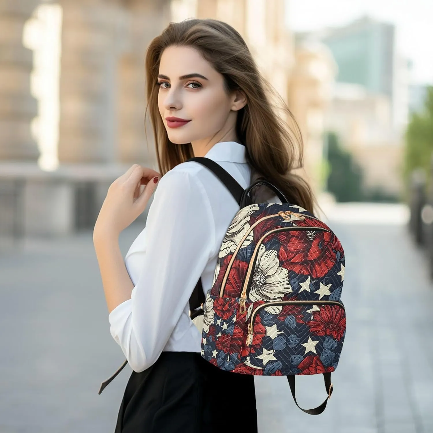ALAZA Red White Blue Flowers Patriotic Small Backpack Purse for Women Travel Bag Lightweight Shoulder Bag Fashion Daypack