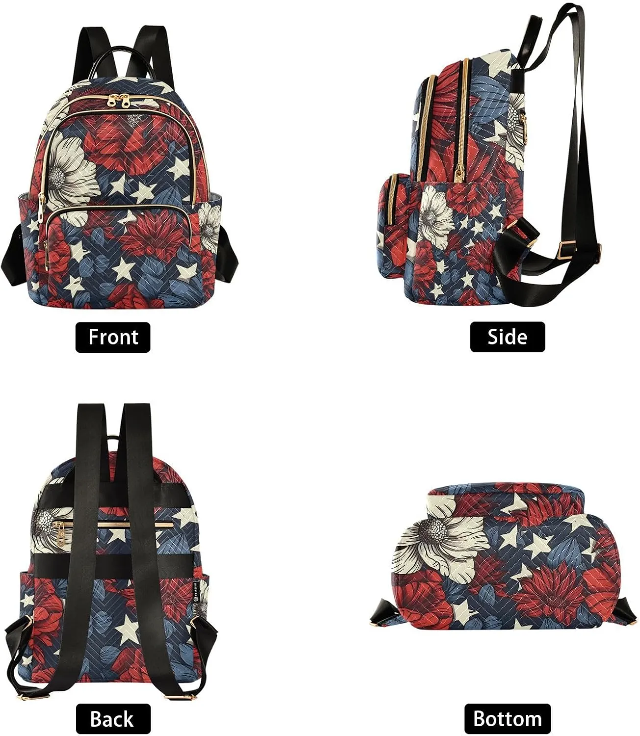ALAZA Red White Blue Flowers Patriotic Small Backpack Purse for Women Travel Bag Lightweight Shoulder Bag Fashion Daypack