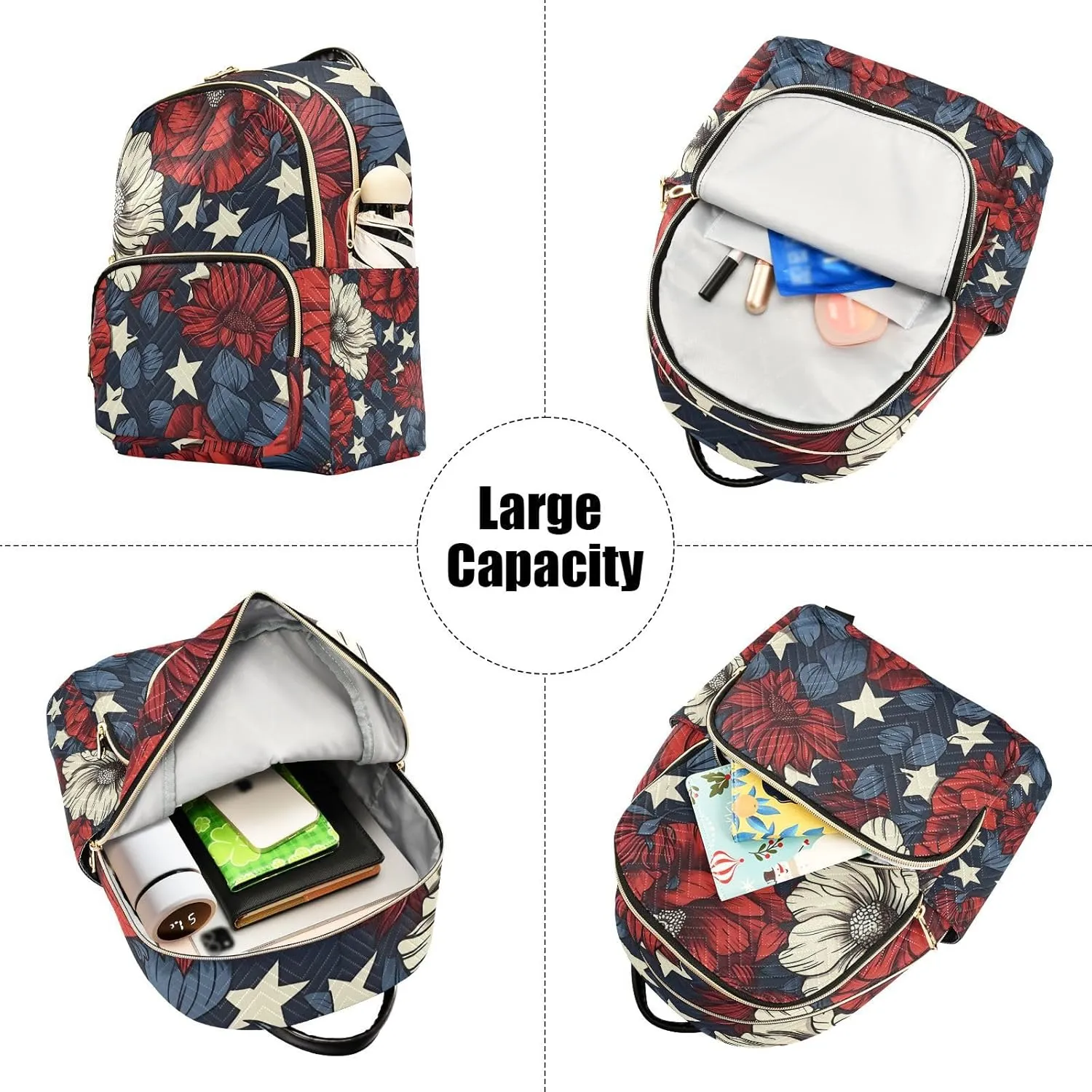 ALAZA Red White Blue Flowers Patriotic Small Backpack Purse for Women Travel Bag Lightweight Shoulder Bag Fashion Daypack