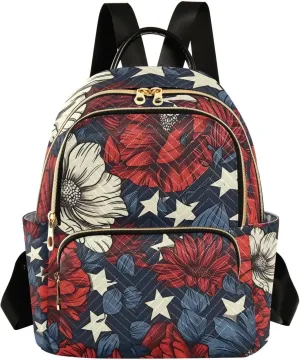 ALAZA Red White Blue Flowers Patriotic Small Backpack Purse for Women Travel Bag Lightweight Shoulder Bag Fashion Daypack