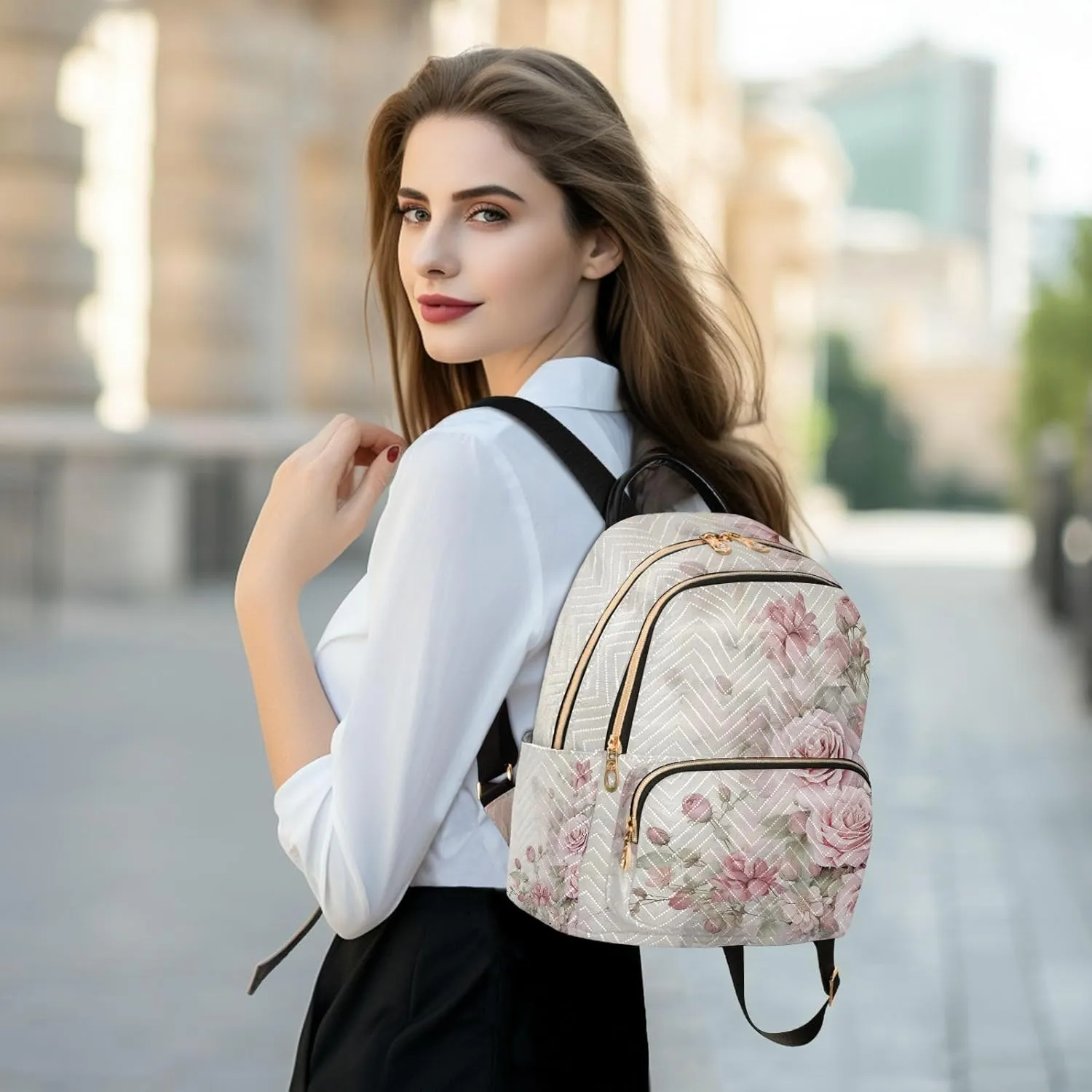 ALAZA Rose Flowers Small Backpack Purse for Women Pink Floral Travel Bag Lightweight Shoulder Bag Fashion Daypack