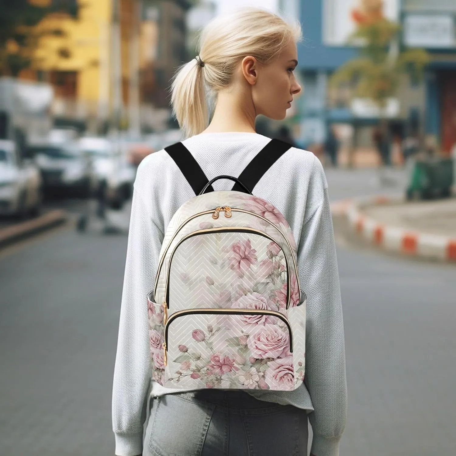 ALAZA Rose Flowers Small Backpack Purse for Women Pink Floral Travel Bag Lightweight Shoulder Bag Fashion Daypack