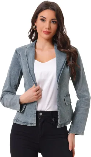 Allegra K Women's Notched Lapel One Button Long Sleeve Washed Business Denim Blazer
