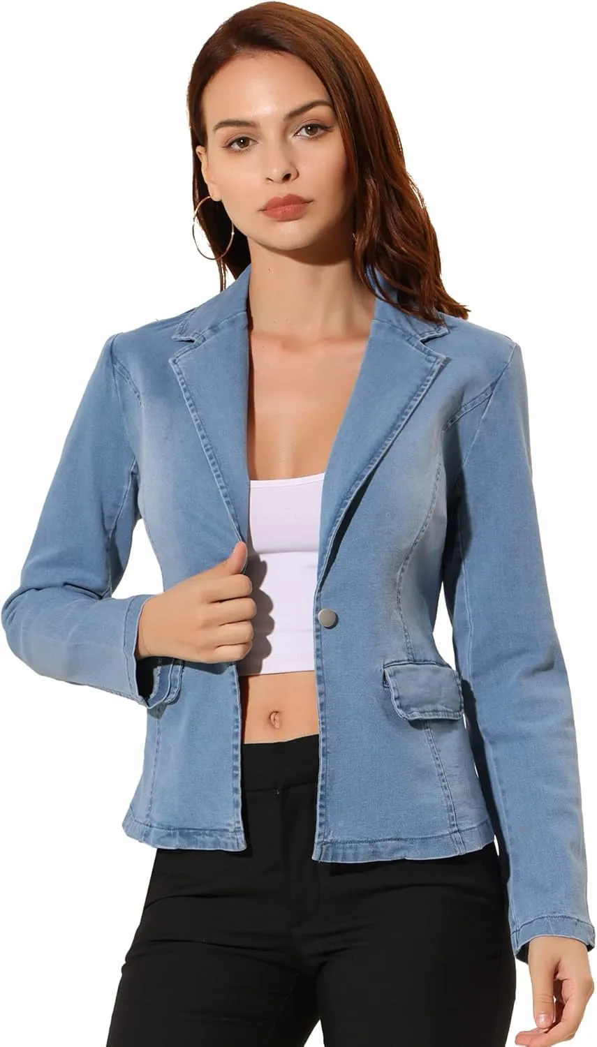 Allegra K Women's Notched Lapel One Button Long Sleeve Washed Business Denim Blazer